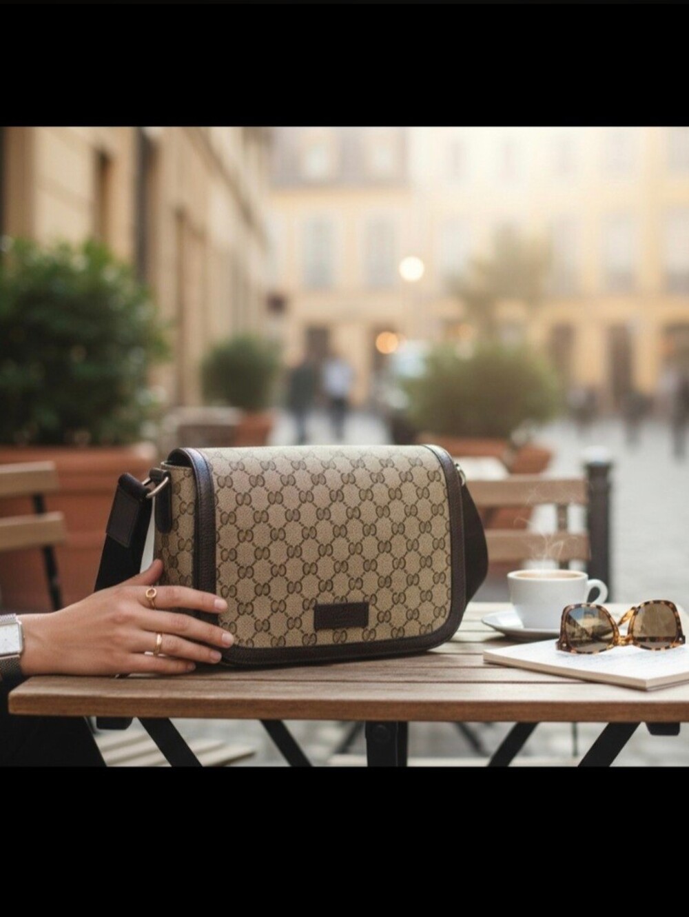 GG Canvas Messenger Bag Beige with Dark Brown Trim